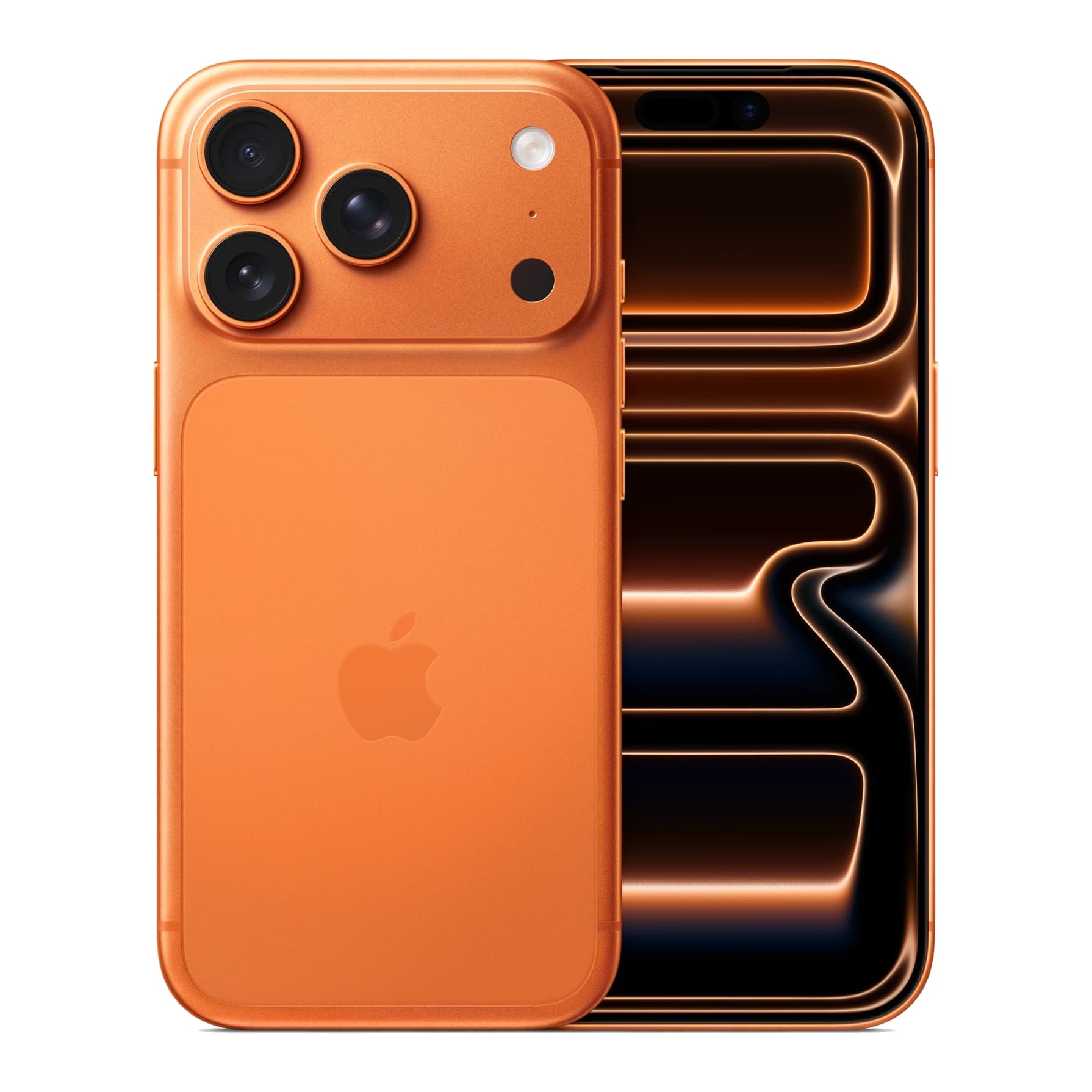 Apple iPhone 17 Pro, cosmic orange, вид спереди и сзади